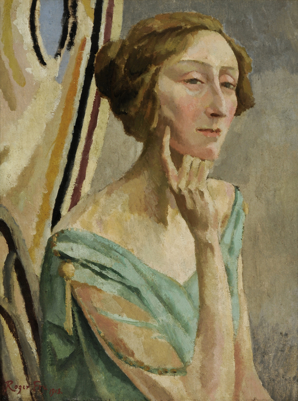 An adult woman with short brown bobbed hair and wearing a green dress resting her face on her hand with her forefinger touching her cheek. She is depicted against an abstract background of blue, cream yellow, brown and black.