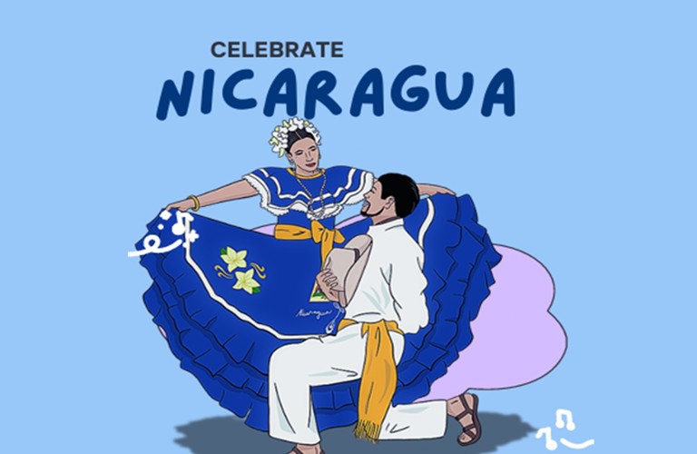 A graphic representing a couple dancing. A woman is wearing a dress with a wide blue skirt, holding it out at arms length. A man, wearing white, is kneeling before her. They are shown against a light blue background. Dark blue text above them reads 'celebrate Nicaragua'.