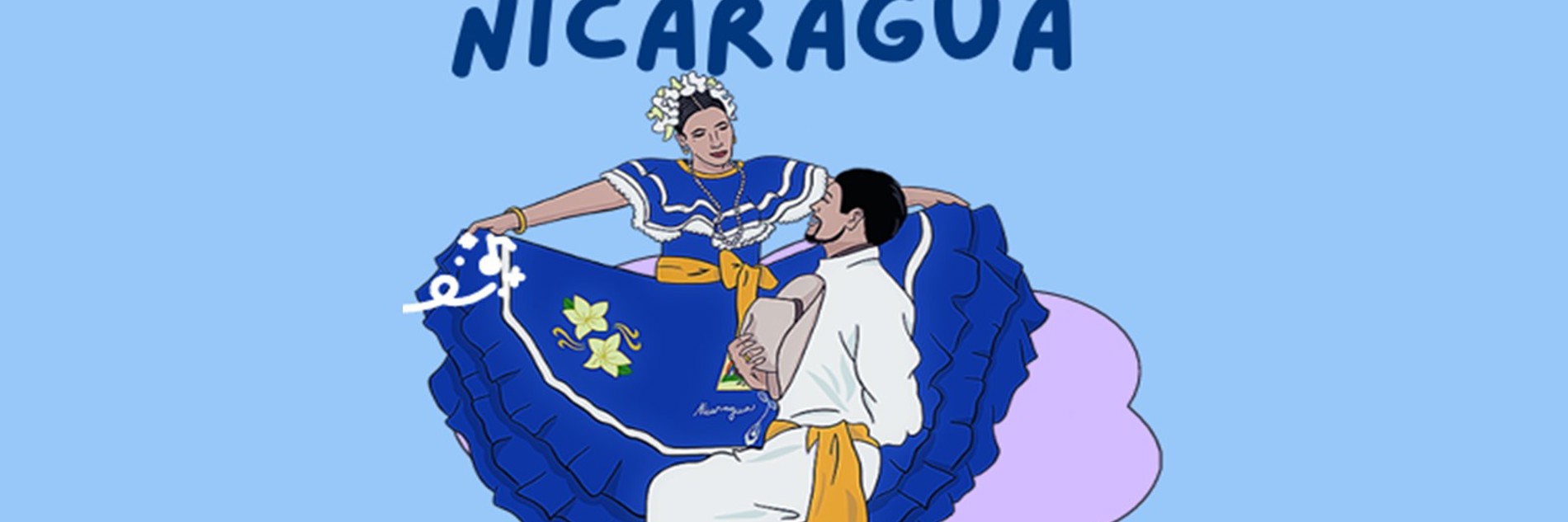A graphic representing a couple dancing. A woman is wearing a dress with a wide blue skirt, holding it out at arms length. A man, wearing white, is kneeling before her. They are shown against a light blue background. Dark blue text above them reads 'celebrate Nicaragua'.