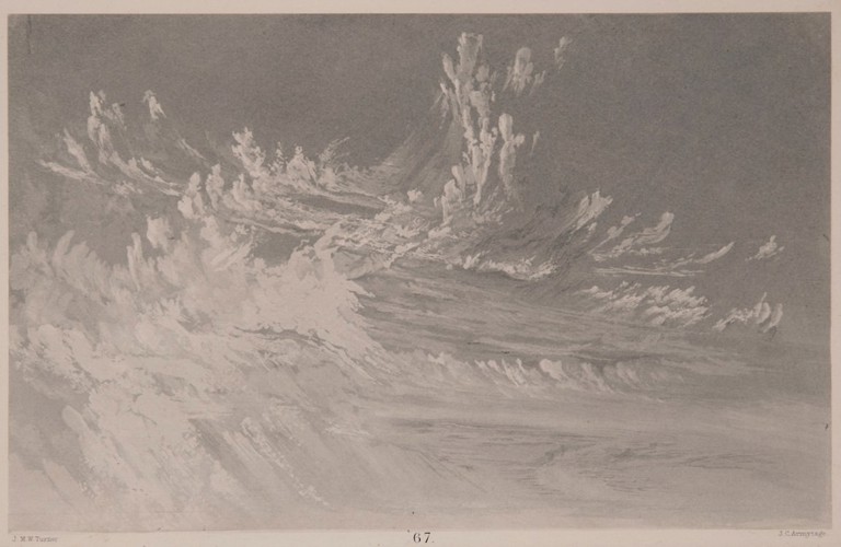 A panel depicting a stormy sky in greyscale