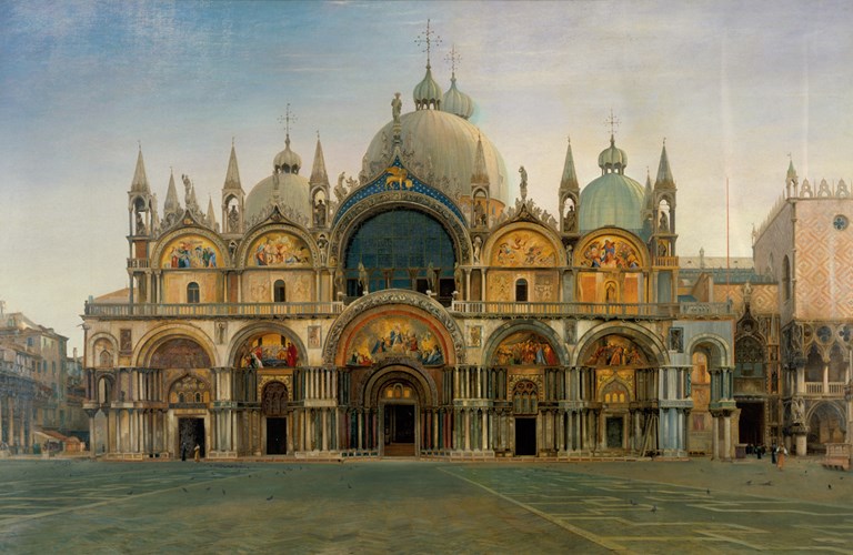 Oil on canvas painting of a grand building which has ornate Christian religious scenes depicted on its walls. 