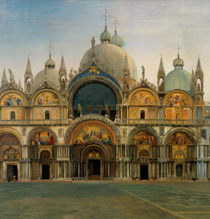 Oil on canvas painting of a grand building which has ornate Christian religious scenes depicted on its walls. 