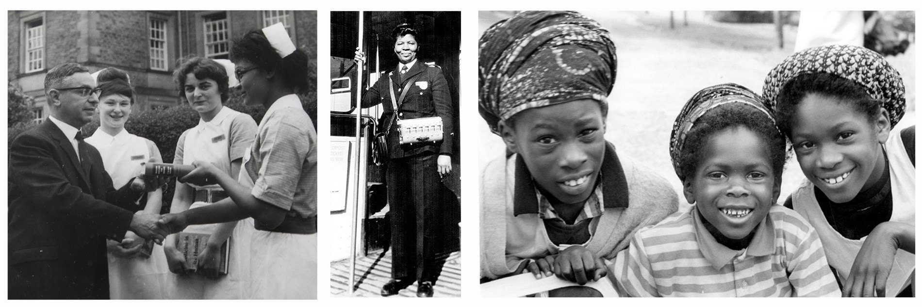 We see three black and white photographs, the first shows an African Caribbean nurse receiving an award in the 1960s, the second shows an African Caribbean bus conductor posing for a photo on a bus in the 1970s, the third shows three African Caribbean children who are all smiling at a camera in the 1970s.