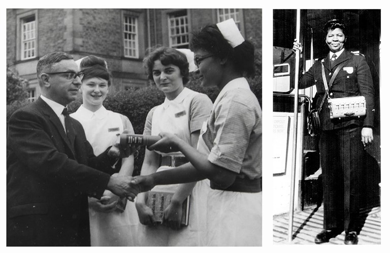 We see three black and white photographs, the first shows an African Caribbean nurse receiving an award in the 1960s, the second shows an African Caribbean bus conductor posing for a photo on a bus in the 1970s, the third shows three African Caribbean children who are all smiling at a camera in the 1970s.