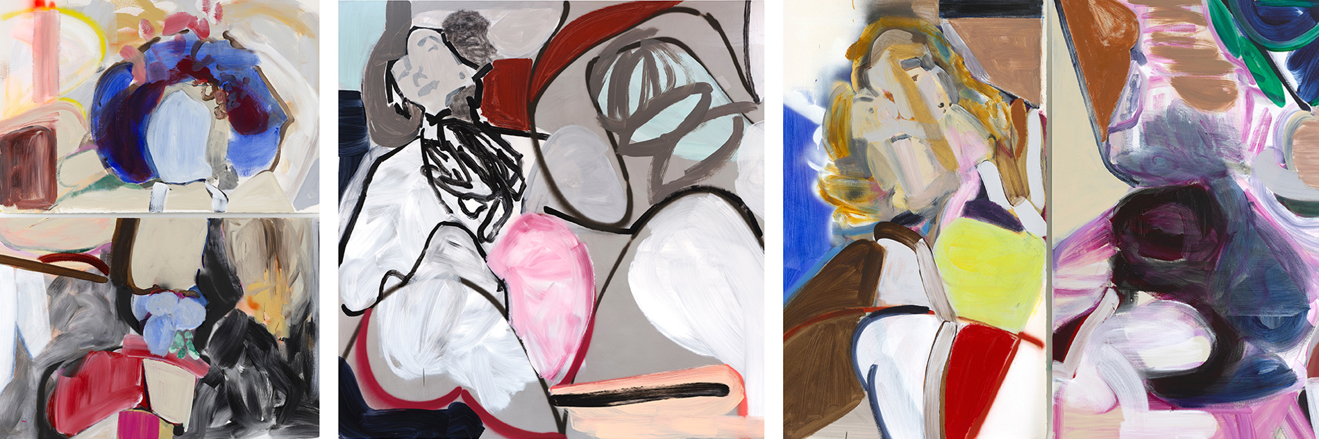 A composite image of three abstract works. The first image is split in half and seems to depict a female figure getting ready. She wears a black dress and is adjusting a navy blue hat atop her pale blue face (without features). The hat looks as though it has pink flowers and orange feathers, represented through thick brushstrokes.

The second image is of a grey, abstracted female shape with visible limbs in facial features, seemingly reclining. The figure is outlined with black paint and there is a large pink circle by the torso of the figure. 

The third image is split in half vertically. The left half shows an abstracted figure with long blonde hair and what seems to be a patterned top, with red, white, yellow and brown sections. The background is white, brown and blue. The right half is more abstract, with swathes of pink, white and blue paint mixed together in brushstrokes. There is a green and blue section in the top right corner. The background is beige.