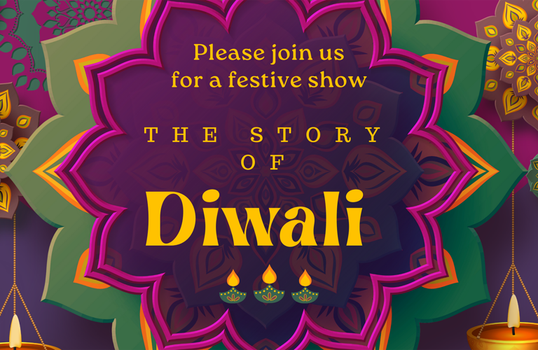 A mandala/flower-style graphic image in purple, green, pink and orange. In the centre of the image there is text that reads:  Please join us for a festive show - The Story of Diwali