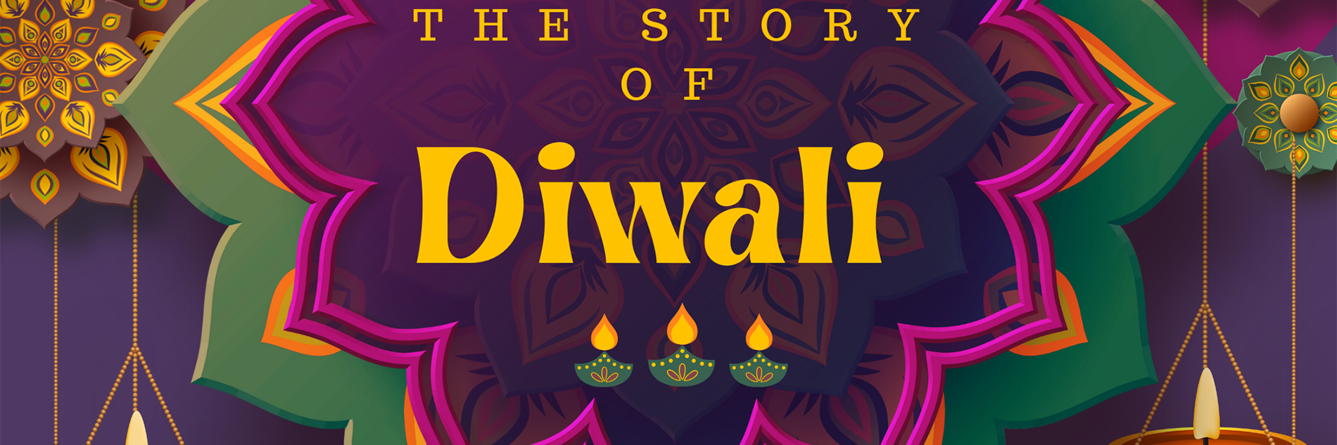 A mandala/flower-style graphic image in purple, green, pink and orange. In the centre of the image there is text that reads:  Please join us for a festive show - The Story of Diwali