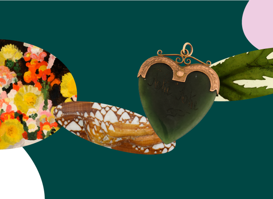 A collage of images including a colourful painting of flowers, a detail of pattern on a shell, a green heart shaped locket and a close-up of a leaf