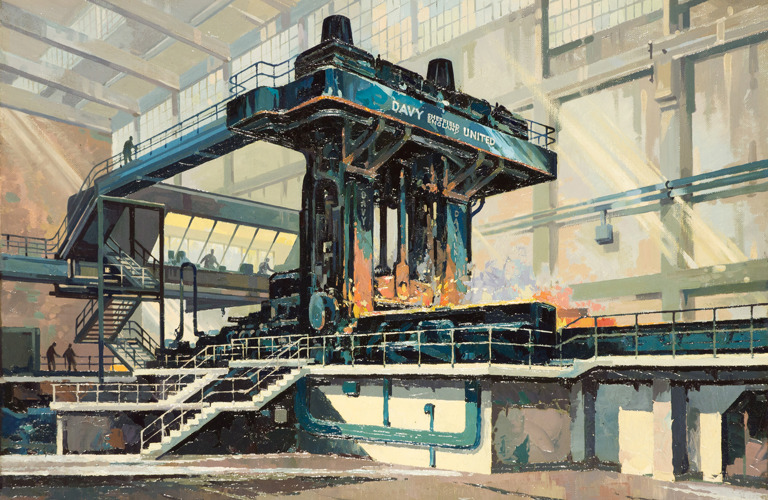 A photograph on Kenneth Steel's newly conserved painting Davy United, Blooming and Slabbing Mill (1953). It shows the inside of the steel works in use.