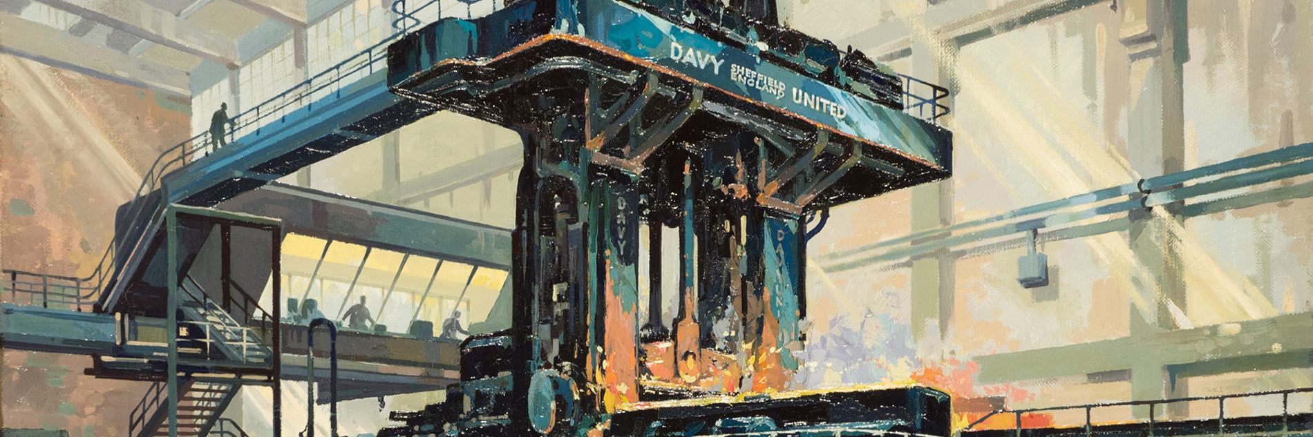 A photograph on Kenneth Steel's newly conserved painting Davy United, Blooming and Slabbing Mill (1953). It shows the inside of the steel works in use.