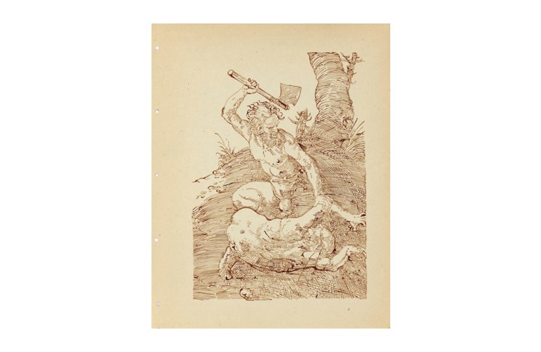 A drawing of a man with an axe, using it to chop down another man. The lines are reminiscent of a woodblock print, except the artists own blood has been used instead of ink.