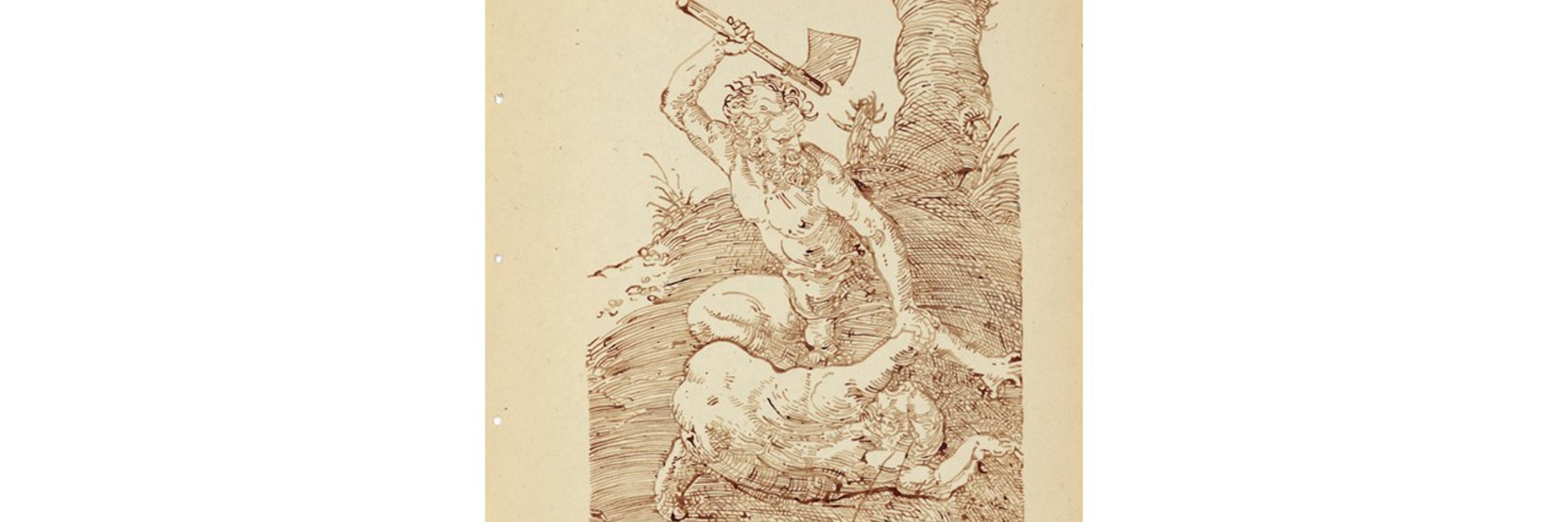 A drawing of a man with an axe, using it to chop down another man. The lines are reminiscent of a woodblock print, except the artists own blood has been used instead of ink.