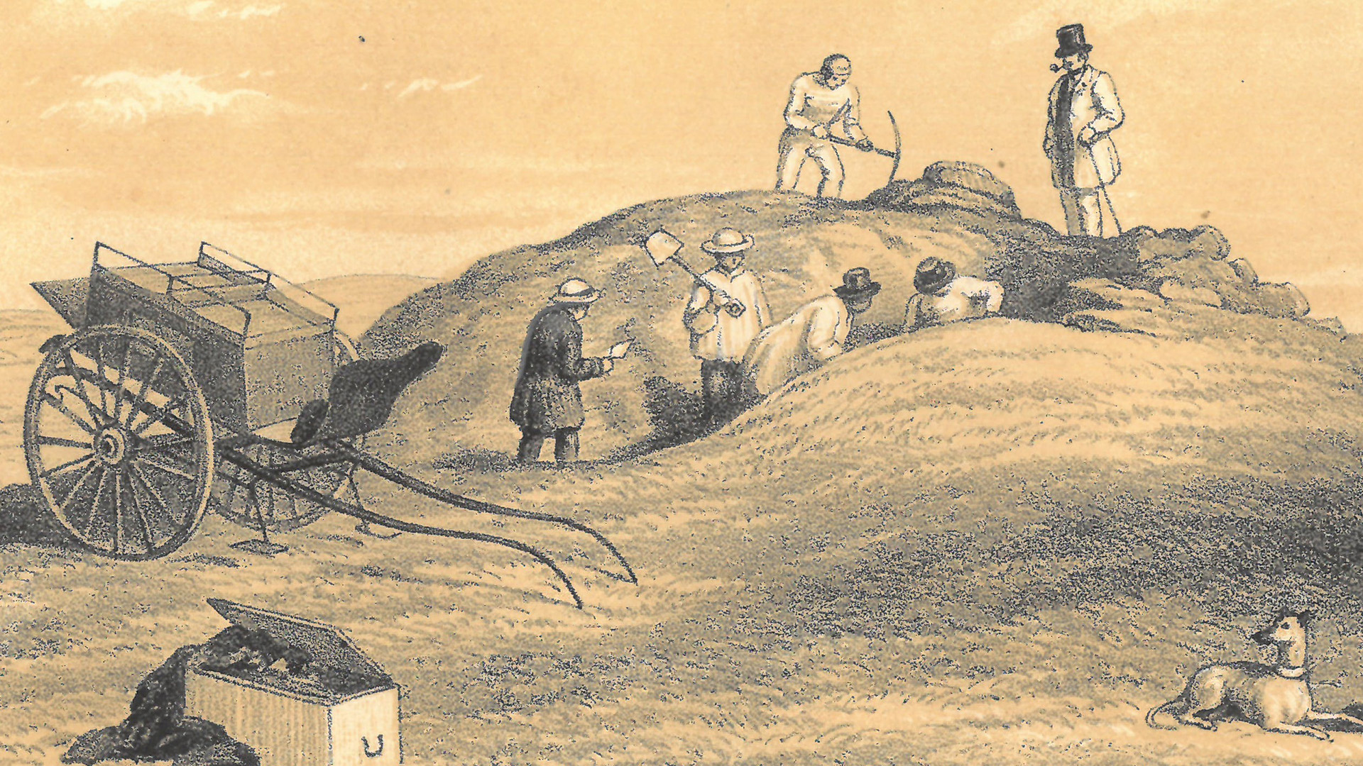 A sketch of barrow diggers. There is a large cart on the left, barrow diggers in the centre, and a smartly dressed overseer looking down at them from a top a hill on the right of the image. A small dog lies on the ground at the bottom right. 