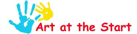 Art at the Start Logo. One blue hand print and one yellow handprint with the text displayed alongside in red.