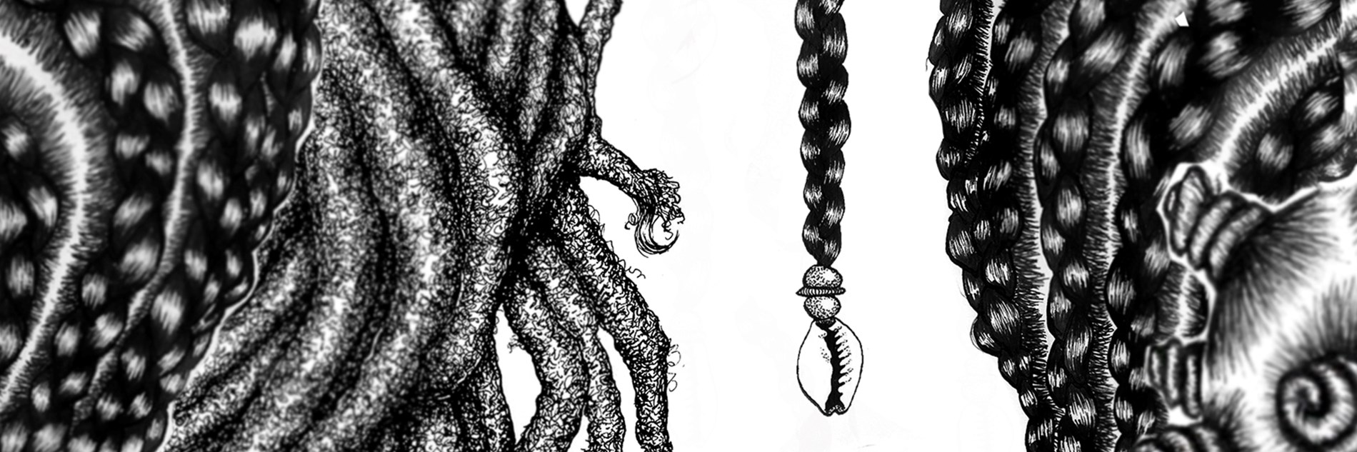 Black and white illustrations of close-ups of different Afro hair styles. In the middle of the image, a braid is hanging down with beads and a shell on the end and the artist's name Habiba Nabisubi is written below.