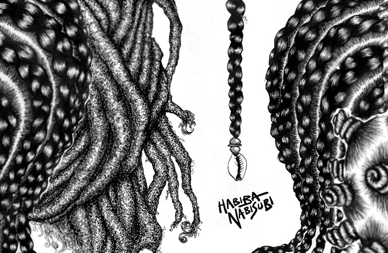 Black and white illustrations of close-ups of different Afro hair styles. In the middle of the image, a braid is hanging down with beads and a shell on the end and the artist's name Habiba Nabisubi is written below.