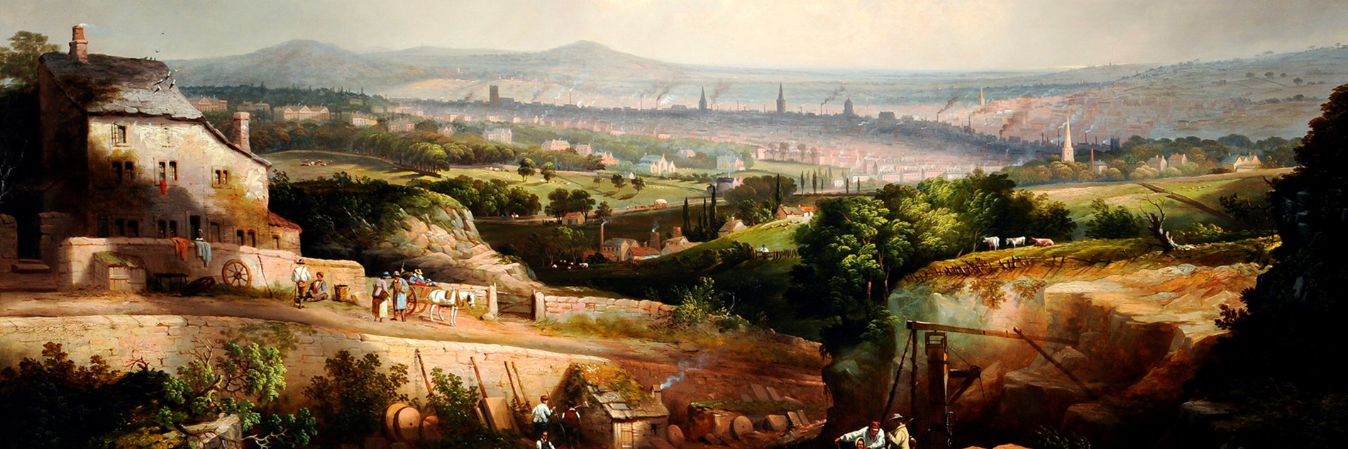 A painting of a view over Sheffield with a cloudy sky, green fields, smoke in the background and a larger house in the foreground 