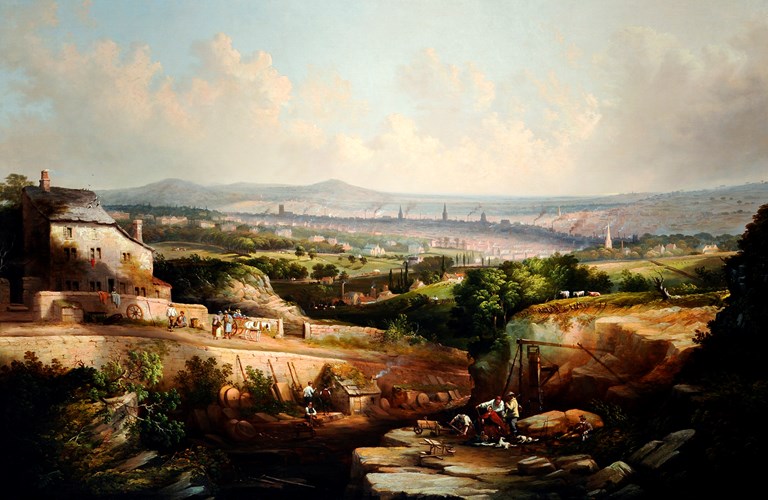 A painting of a view over Sheffield with a cloudy sky, green fields, smoke in the background and a larger house in the foreground 