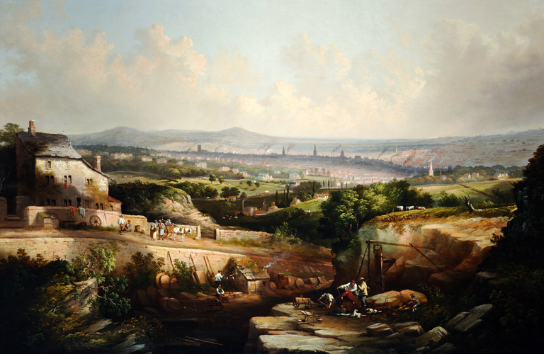 A painting of a view over Sheffield with a cloudy sky, green fields, smoke in the background and a larger house in the foreground 