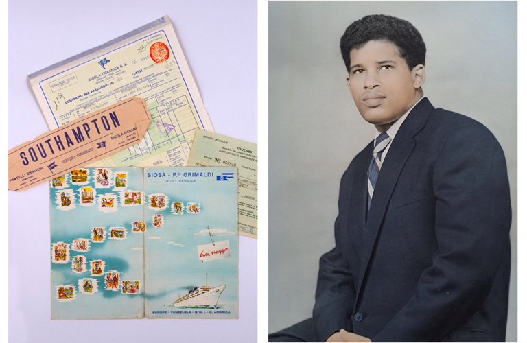 A composite image showing: A woman in a carnival costume including an ornate gold headdress; Travel documents relating to a journey from the Caribbean to the UK; A portrait of a man in a smart grey suit; A brightly coloured painting of three people doing energetic, dance-like movements. 