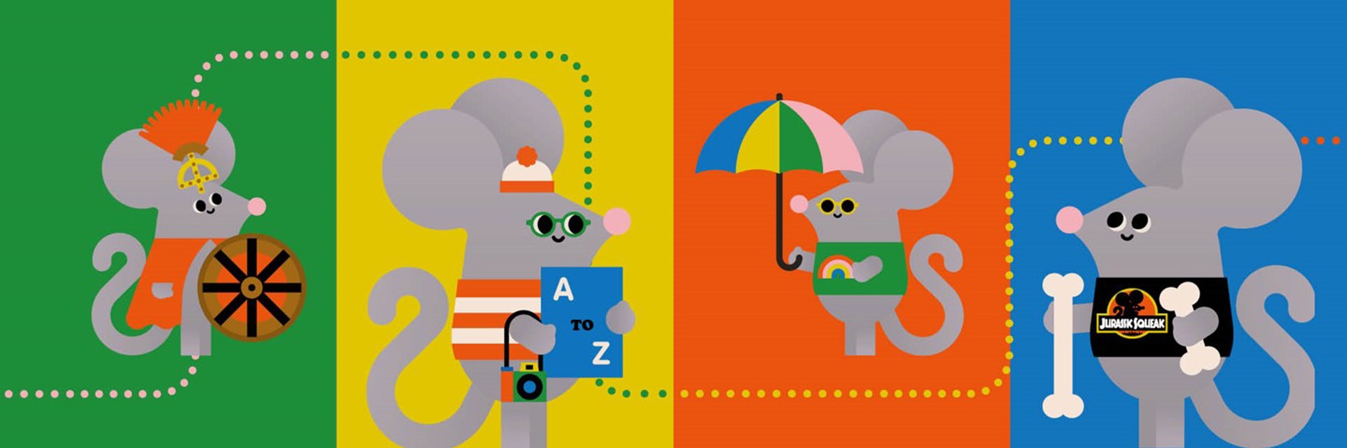 A colourful illustration of 4 mice in costume