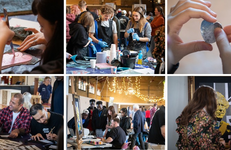 A composite of six images from a craft fair. It shows various activities happening at a craft fair, some close up detail shots and some wider shots at table level.