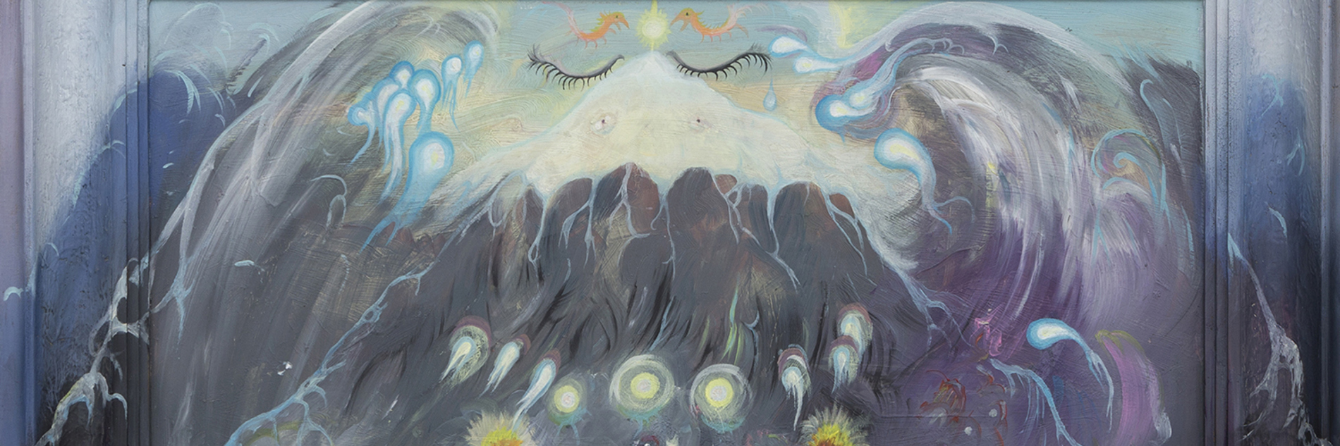 Abstract painting of black and blue waves. Above the waves is an sun-like image with closed eyes and eyebrows. On top of the waves there are several wavy lines in orange, green, blue and white and floral imagery.   