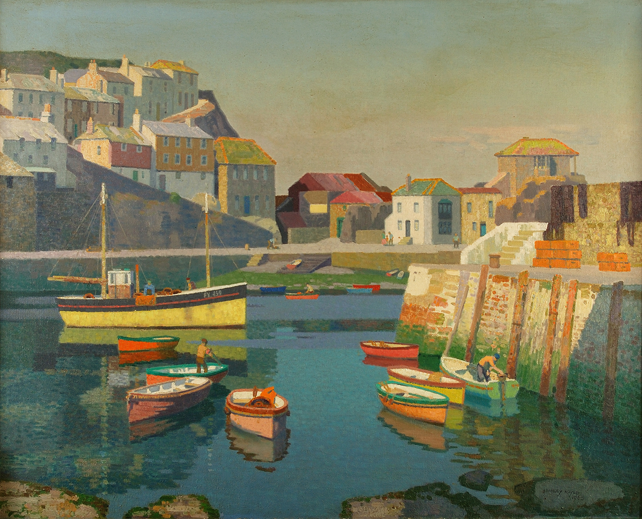 A very bright, sunny painting of boats in a harbor. The colourful houses of the town are shown in the background, while the harbor walls and boats fill the middle and foreground. The brush strokes are visible and add to the rippling effect of the water.