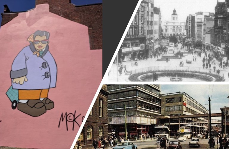 A composite image showing three photographs. One is a mural on a pink wall of an older lady wearing a puffy purple coat and a headscarf. One is a black and white photo of Sheffield and it's famous hole in the road. The third image is another view of Sheffield, and what looks like the old indoor market photographed from the outside.