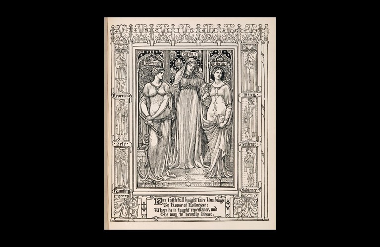 A photograph of a print. It depicts three women in flowing robes, with various virtues surrounding them.