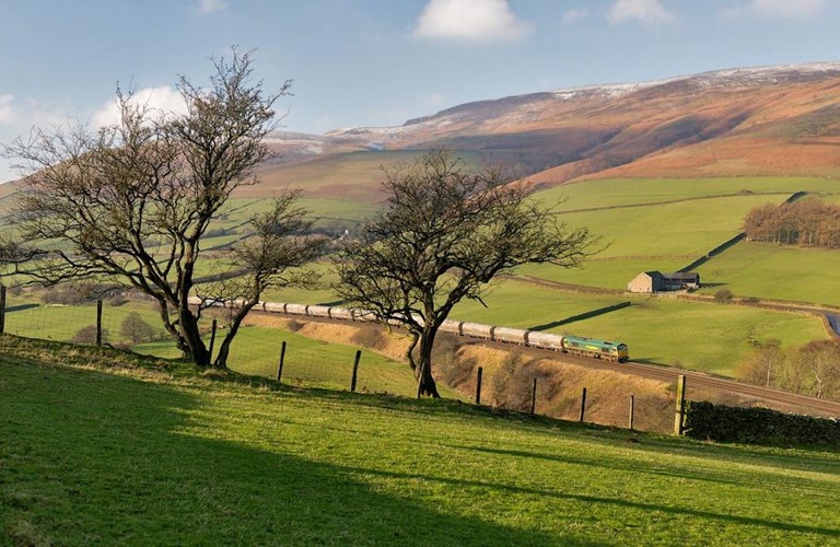 A photograph showing a train travelling through the peak district. Two trees in a field are shown in the foreground, the train travels through the mid, and fields and sky fill the background.