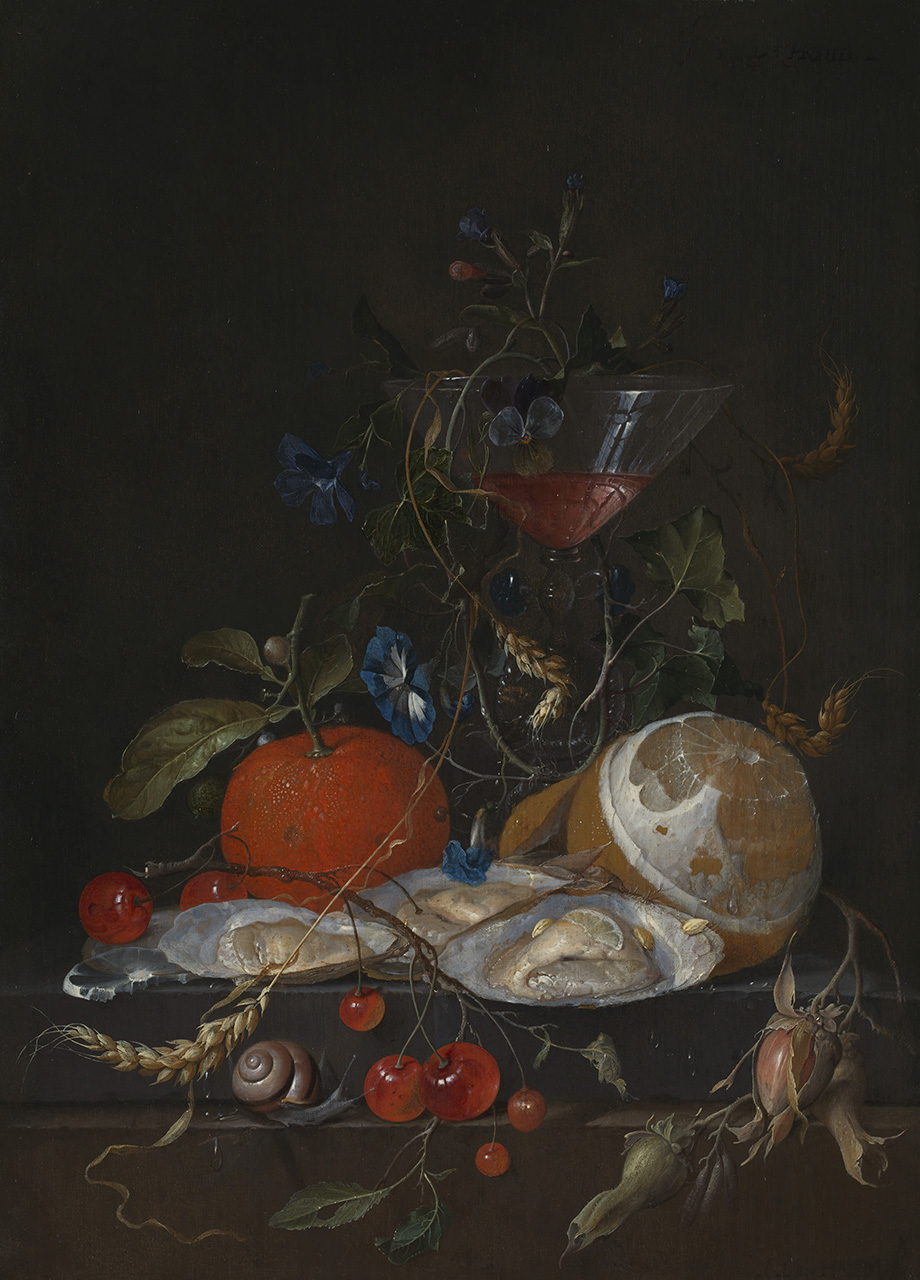 A wine glass decorated with blue flowers and ears of wheat, with an orange, a half-peeled grapefruit and seafood in front of it. In front of those are some berries and a snail and further plants.