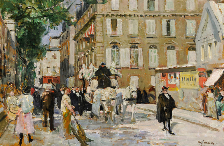 A man dressed in black walks in front of a funeral carriage drawn by white horses down street as people watch from the pavements. In the background is a large building with many windows and a grey roof, and also a large tree.