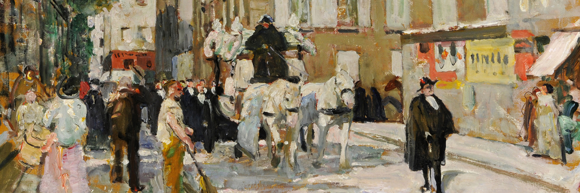 A man dressed in black walks in front of a funeral carriage drawn by white horses down street as people watch from the pavements. In the background is a large building with many windows and a grey roof, and also a large tree.