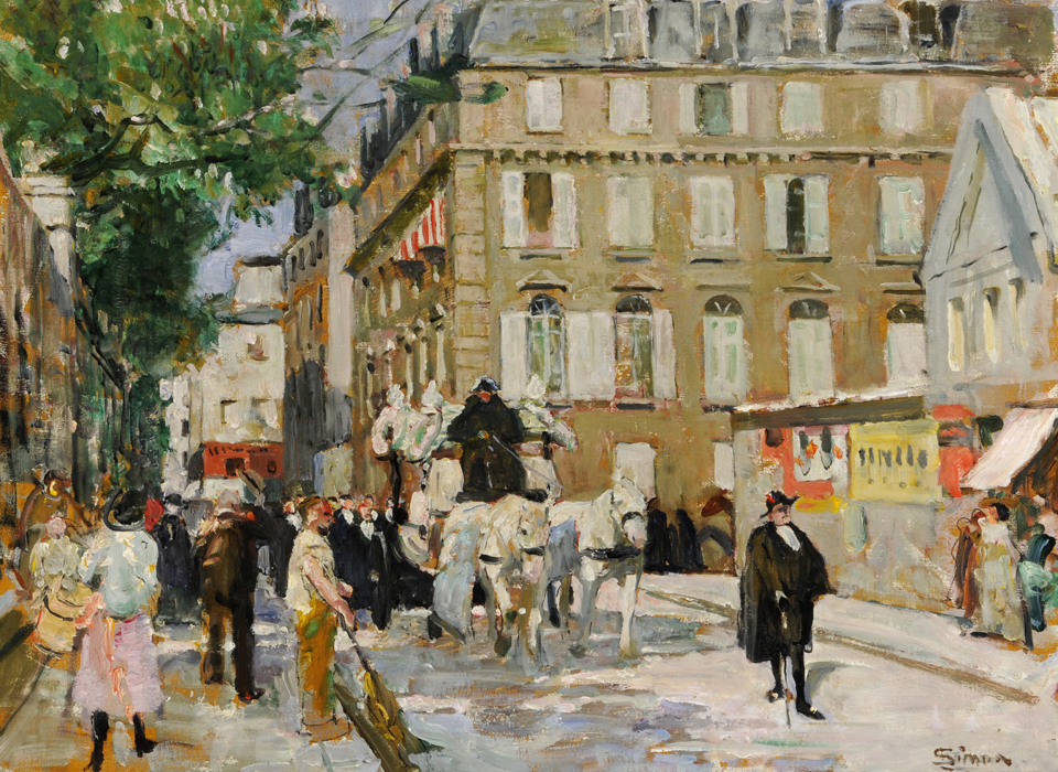 A man dressed in black walks in front of a funeral carriage drawn by white horses down street as people watch from the pavements. In the background is a large building with many windows and a grey roof, and also a large tree.