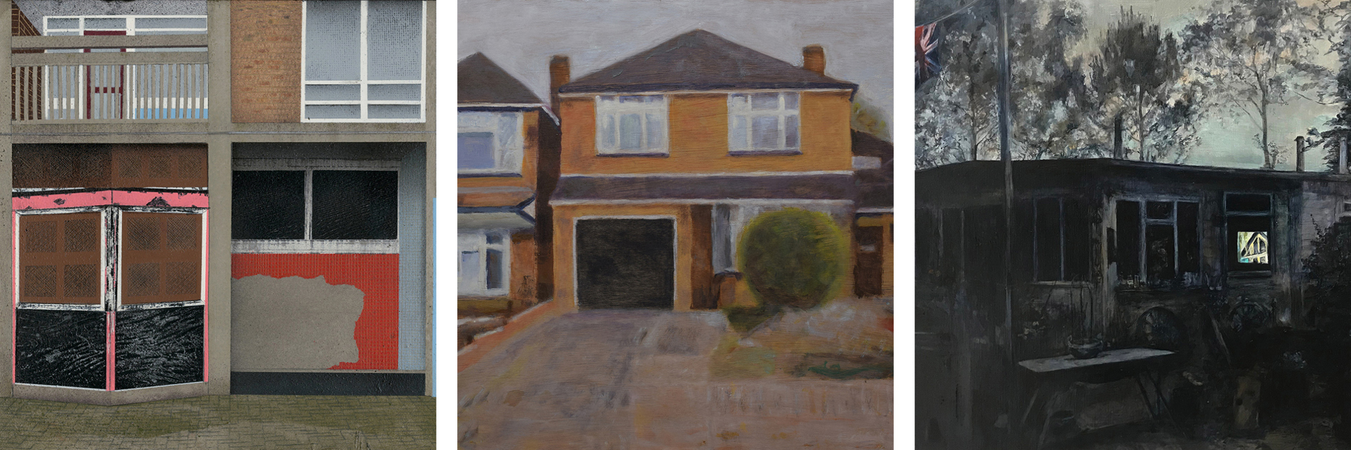 A collage of threes images: 1) A paining of boarded up flats on the Park Hill housing estate 2) a painting of a detached suburban house with a black garage door and a driveway in front  3) a detail of a painting showing a mobile home or bungalow at twilight surrounded by trees, with a TV visible through the window.