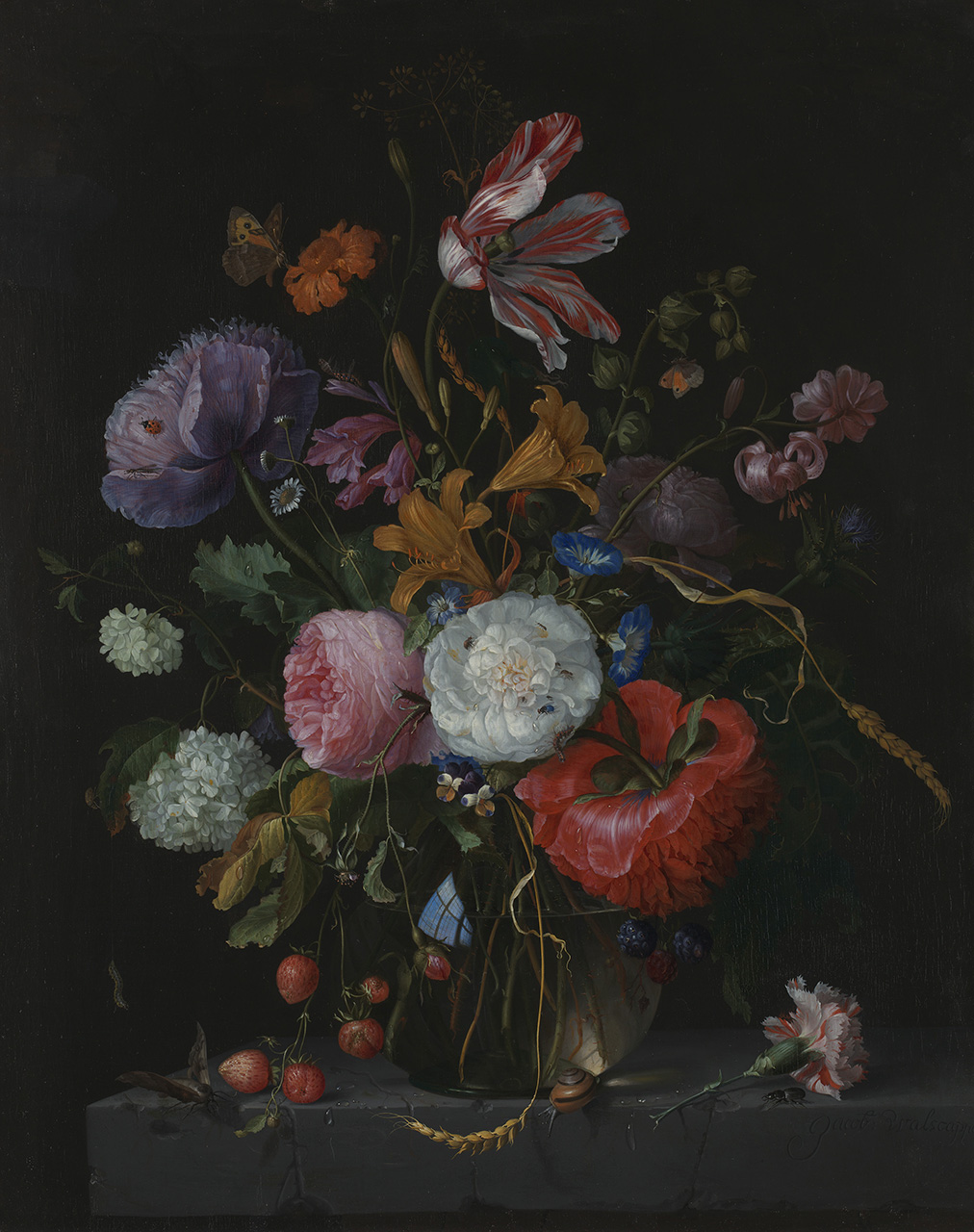 An arrangement of purple, red, pink, orange, blue and white flowers against a dark background.