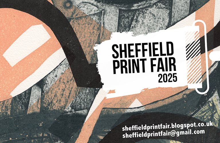 A decorated graphic with back and pale pink colours with the text  Sheffield Print Fair 2025 on the right. Various printing textures are shown across the image.