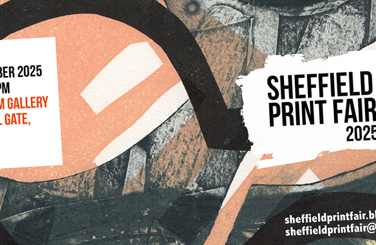 A decorated graphic with back and pale pink colours with the text  Sheffield Print Fair 2025 on the right. Various printing textures are shown across the image.