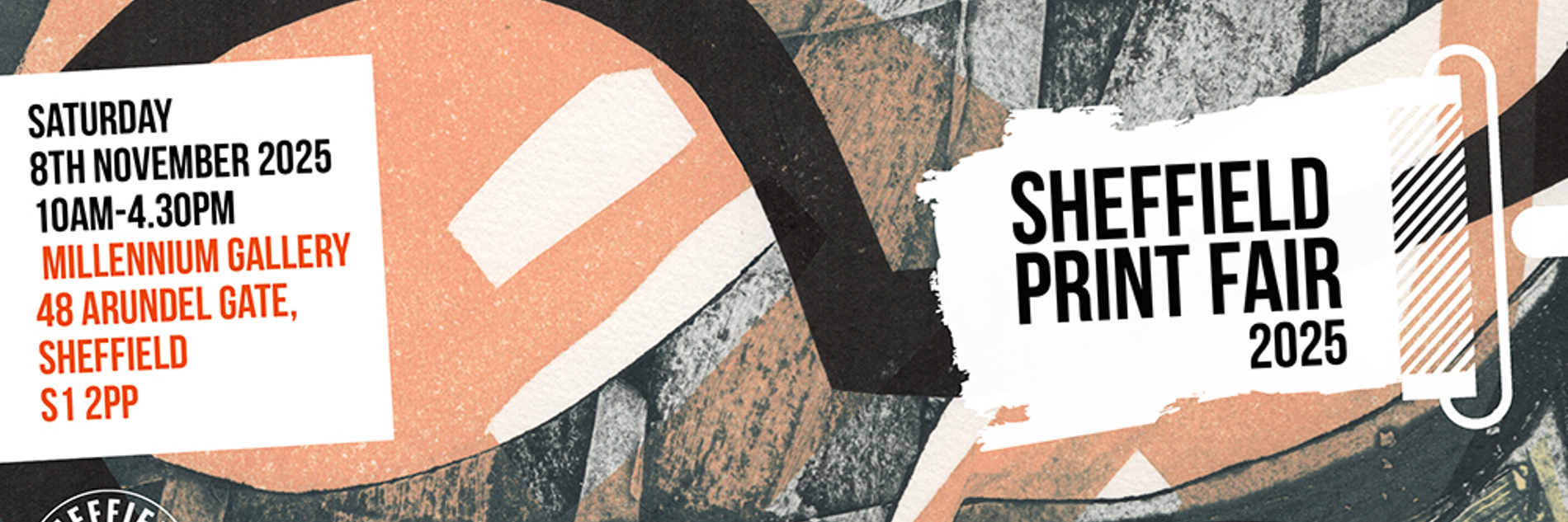 A decorated graphic with back and pale pink colours with the text  Sheffield Print Fair 2025 on the right. Various printing textures are shown across the image.
