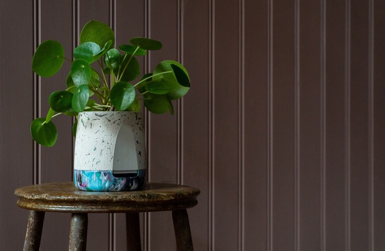 A green plant in a white and blue plant pot stool on a stool in front of a brown, wood-panelled wall.