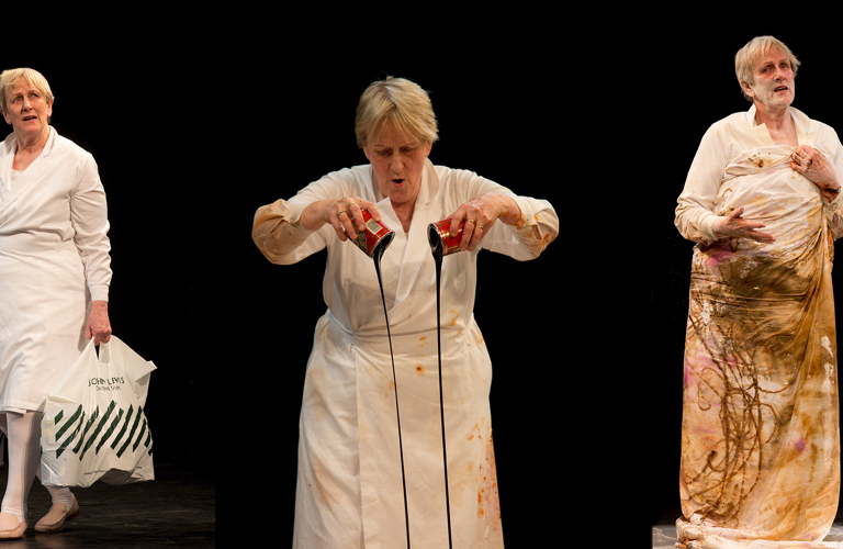 A montage photograph of an adult in different poses: carrying a shopping bag, pouring out treacle, and looking at the camera whilst wearing a sheet. 