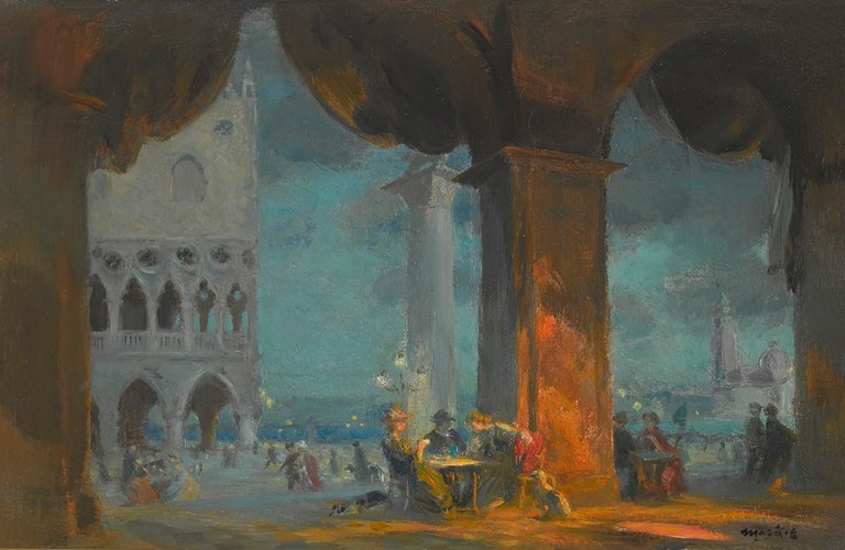 An oil painting of an evening scene in Venice. There are arched buildings and people in the background and a large column in the centre. A group of people sit around a table in the centre of the painting.