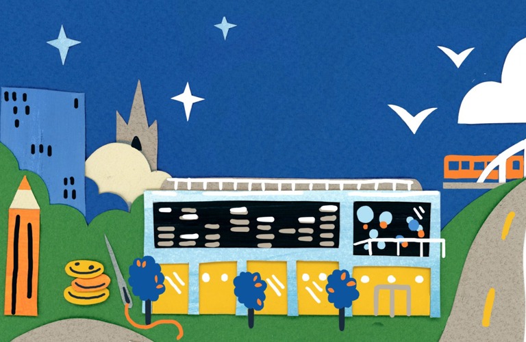 A graphic depicting Millennium Gallery at nightfall, with a crafted effect. The cathedral, a skyscraper and the tramline are also shown.