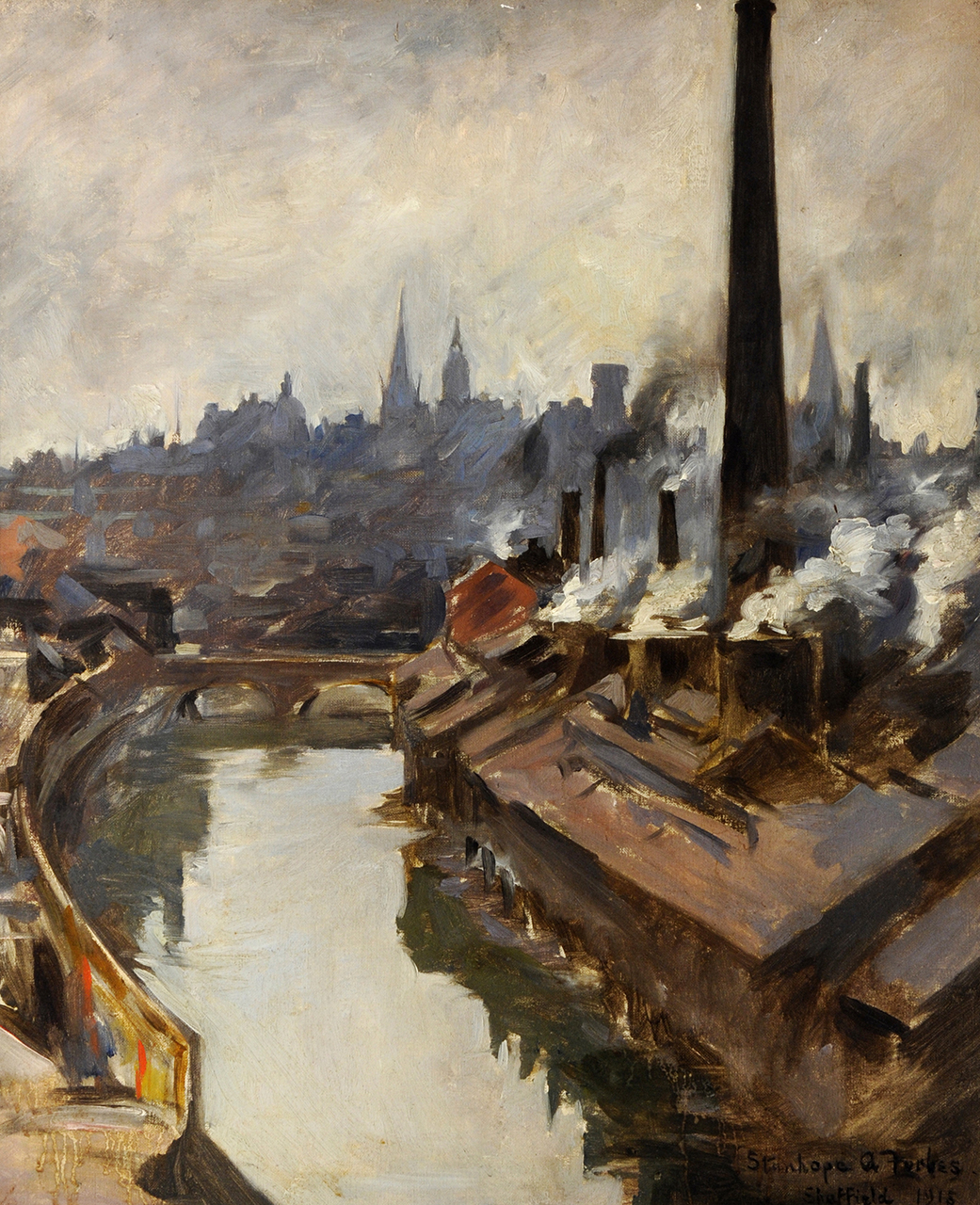 An industrial city scape showing rooftops and a number of smoking chimneys. To the left of the painting is a river with a bridge crossing over it.