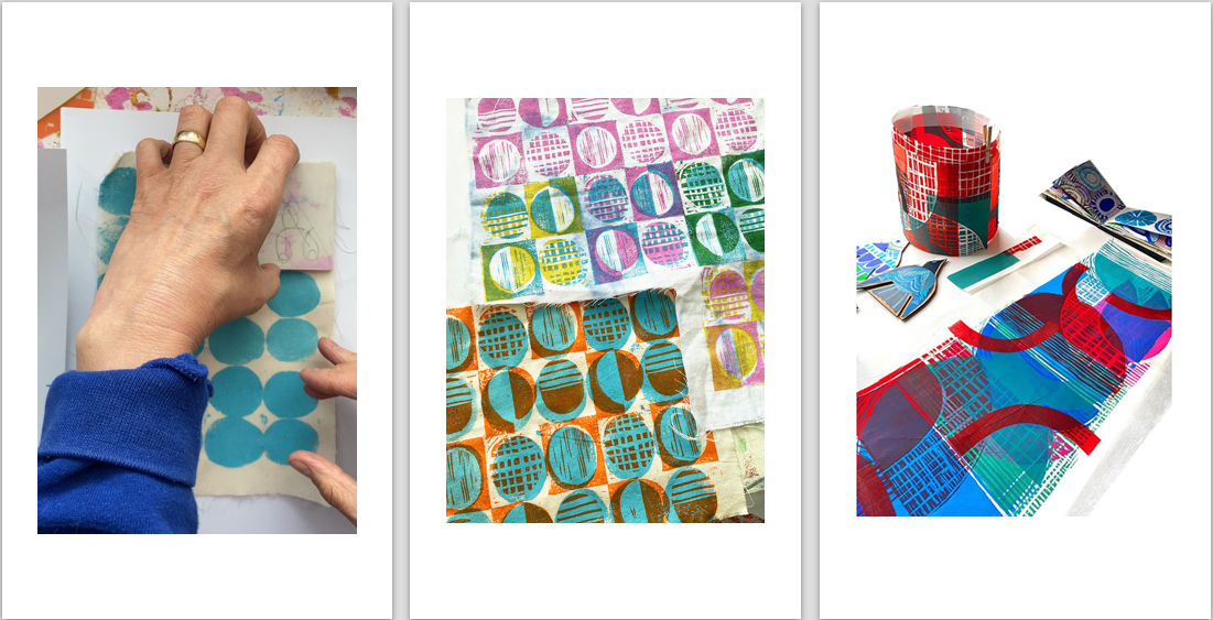 A series of three images, one shows a hand using a block and bright blue ink to create a pattern. The second image shows a colourful pattern that's been printed. And the final image shows blue and red ink, alongside a finished print.