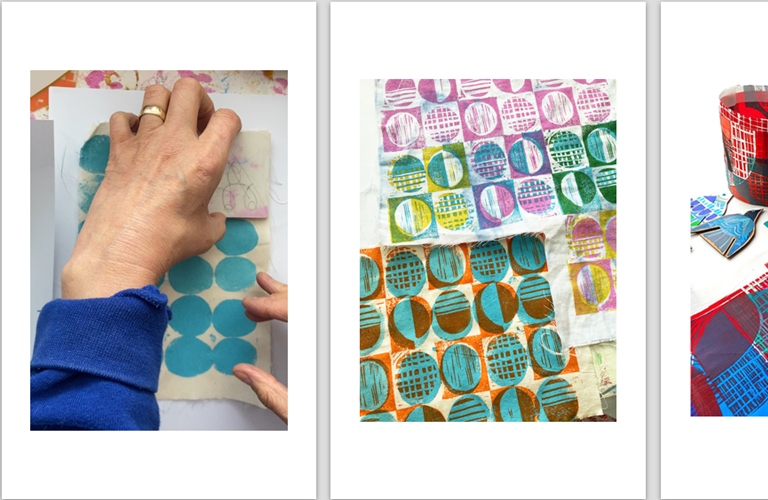 A series of three images, one shows a hand using a block and bright blue ink to create a pattern. The second image shows a colourful pattern that's been printed. And the final image shows blue and red ink, alongside a finished print.