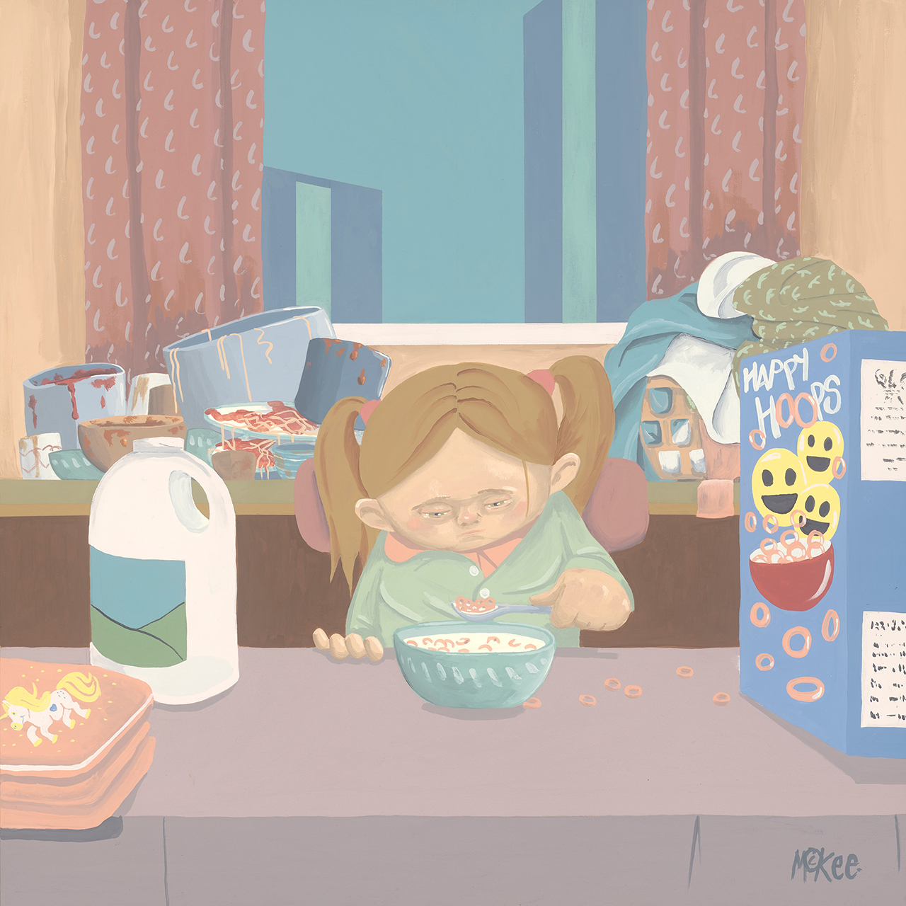 A young child with pigtails and a forlorn expression eats cereal. Behind them is a  collection of unwashed dishes and an overflowing laundry basket.