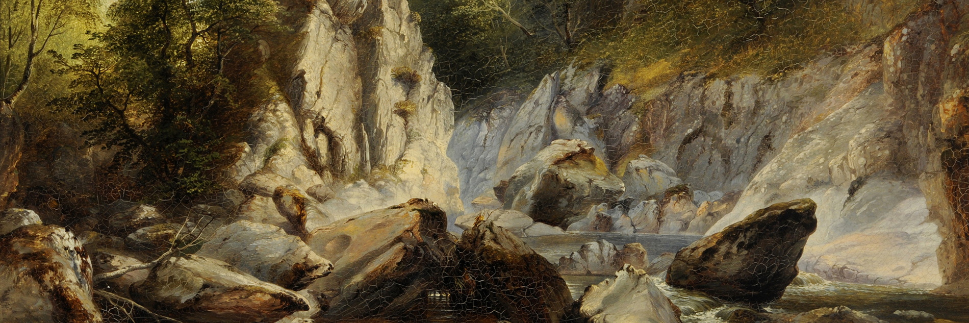 A painting of a river with steep rocky banks either side. and a hill on the right. There are trees on wither side of the river and a weir in the foreground 