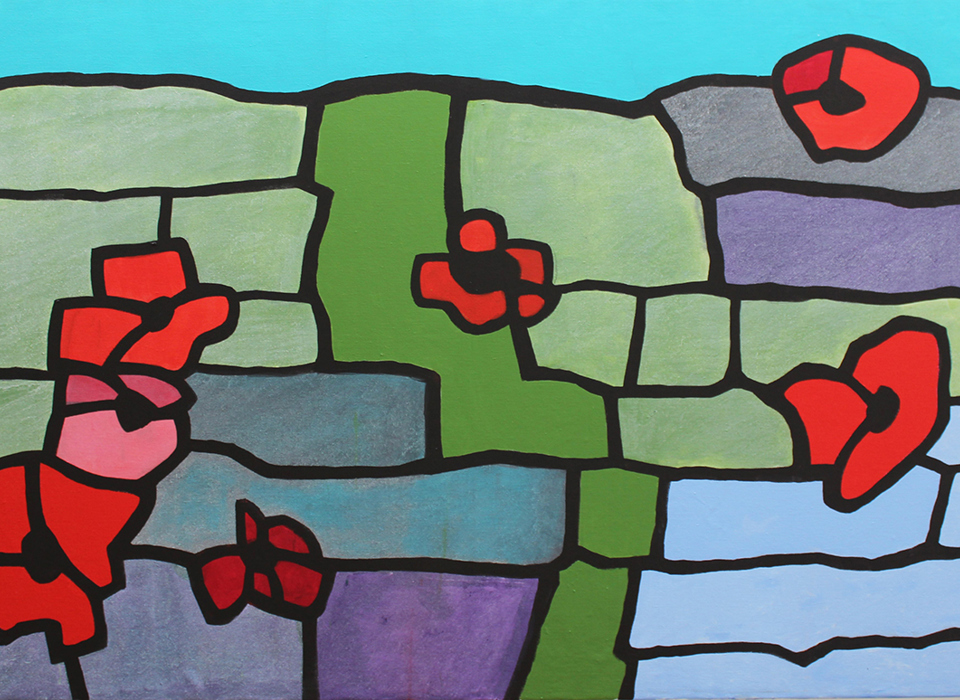 An image of Derrick Greaves' 2021 work Towards A Walled Garden 2. It depicts a garden wall. It looks like a mosaic, with thick black lines between the green, blue and purple coloured bricks. There are small red flowers over the wall, also outlined in black. A bright blue sky shows above the wall.